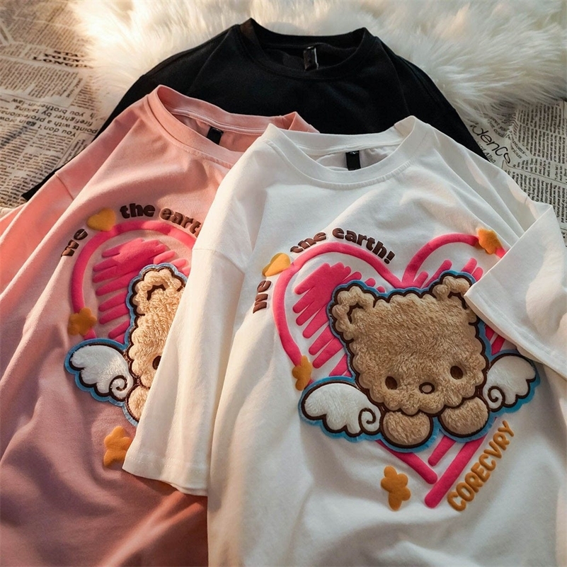 ins Heart Print Plush Bear Super Cute T Shirts Women Oversized Cotton Tshirts Summer Tees Fashion Female Vintage Tops 220321