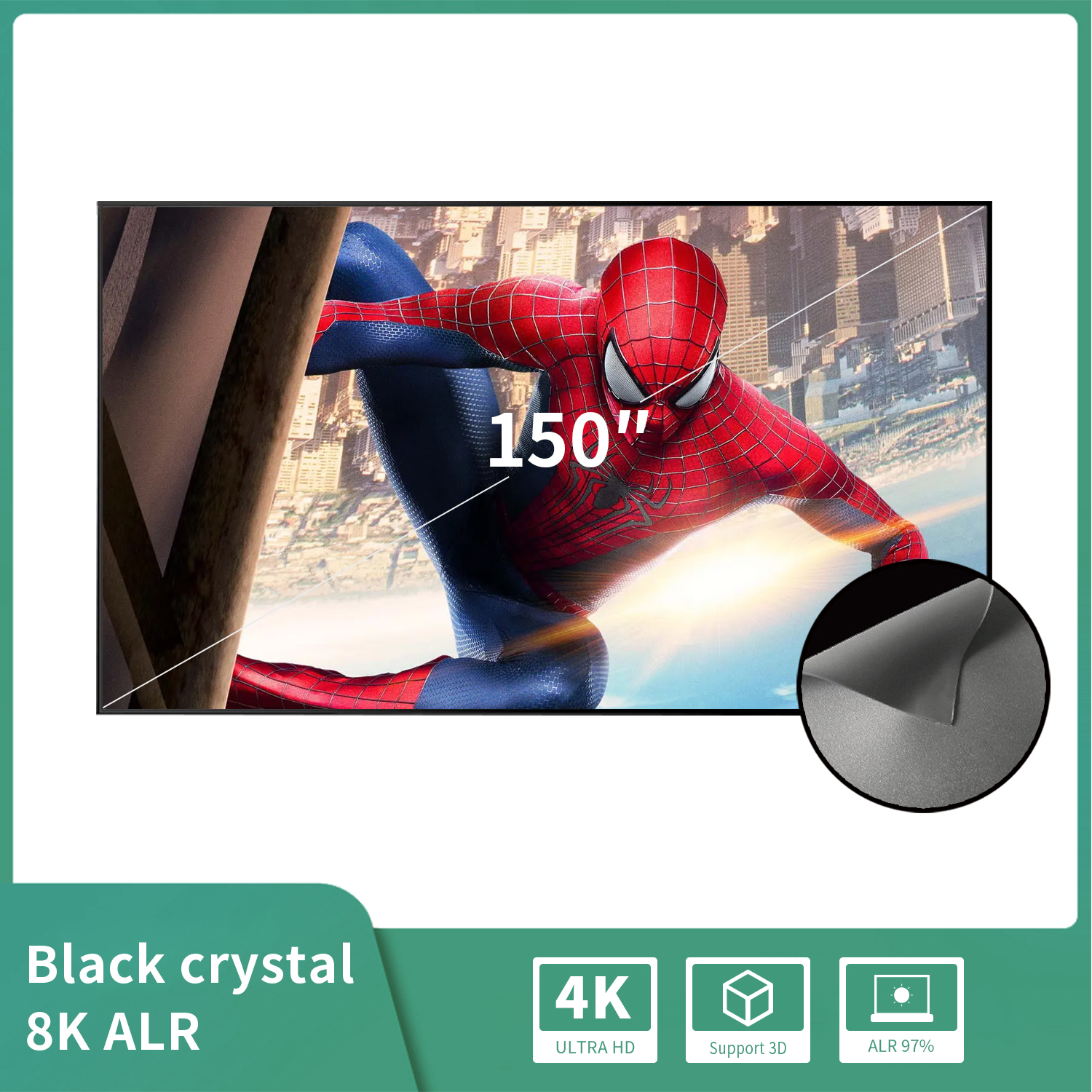 150 Inch Ambient Light Rejecting ALR Photon Projection Screen Fabric with Ultra Thin Frame Mirror Brilliant Coating Technology For Telephoto Projectors
150 Inch Ambient Light Rejecting ALR Photon Projection Screen Fabric with Ultra Thin Frame Mirror Brilliant Coating Technology For Telephoto Projectors