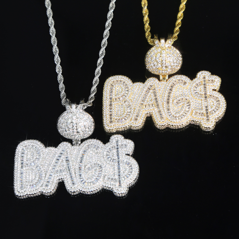 Iced out money bag pendant paved full cz stone hip hop cuban chain necklace plated gold silver for women men high quality jewelry wholesale