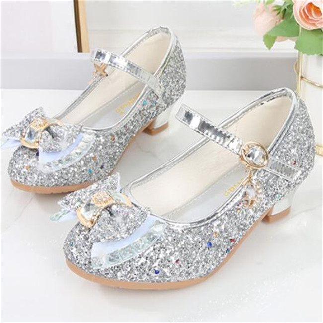 Kids Shoes Sandals Sequin Girls High Heel Shoes Round Head Soft Bottom Bow Children Princess Shows Crystal Leather Shoe