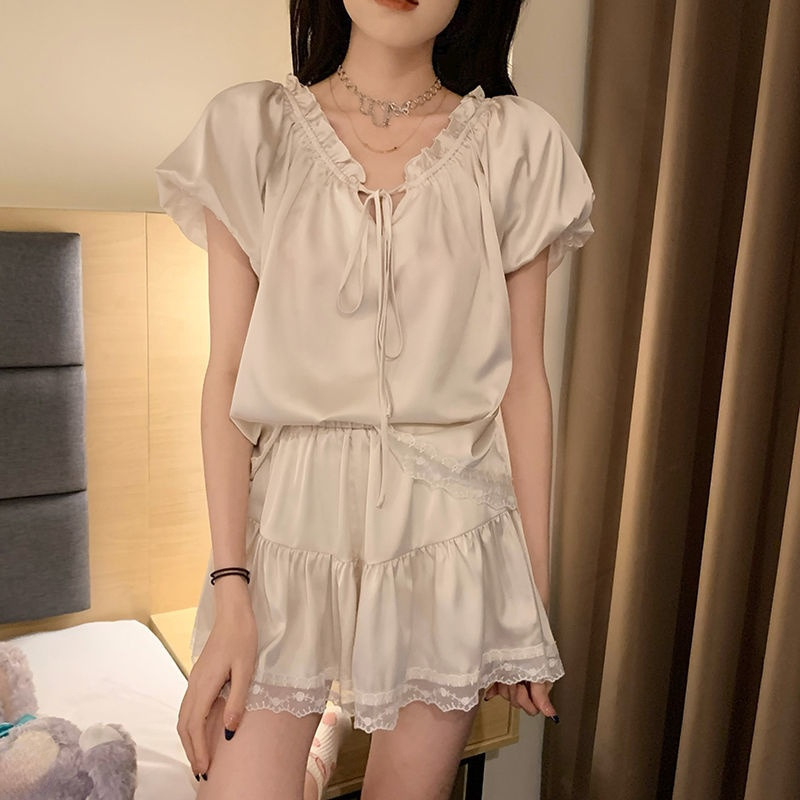 QWEEK Silk Women's Pajamas Satin Kawaii Sleepwear Lace Pijama White Princess Pyjamas Bedroom Set Loungewear Negligee Suit Pjs 220329