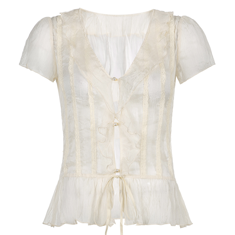 HEYounGIRL Mesh Transparent Short Sleeve T-shirt Ladies Summer See Through V Neck Ruffles Tee Shirt Women Drawstring T 220321