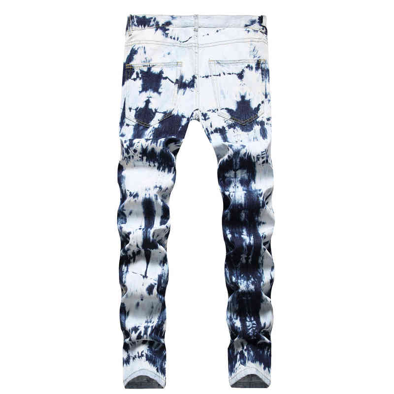 2022 Men's Blue Hole Hand Tie Drift Decorative Flower Color Splash Ink Patch Camouflage Cloth Small Straight-Leg Jeans G220415