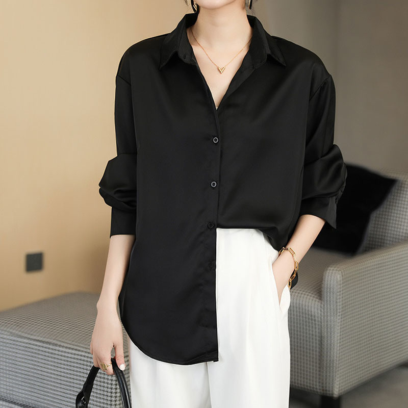 Autumn Fashion Button Up Satin Silk Shirt Vintage Blouse Casual Loose Down Shirts Tops Lady Long Sleeve Female Blusas 220809
