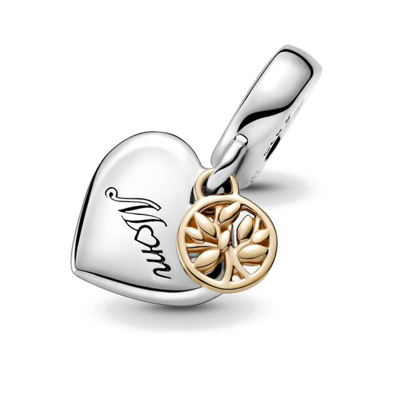 New Popular 925 Sterling Silver European Fashion Pearl Heart Two Tone Family Tree Charm For S925 Snake Bracelets DIY Jewelry