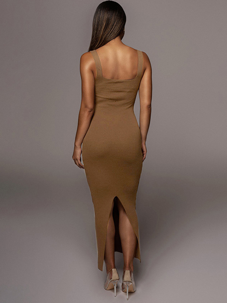 Asia Ribbed Knit Dress Hollow out Split Square Neck Bodycon Elastic Summer Maxi Dress Women Sexy Party Elegant Tank Dresses 220511