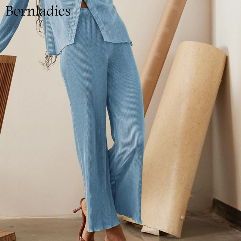 Bornladies Casual Ladies Office 2 Piece Sets Summer Women Outfit Long Sleeve Shirt And Loose Pants Green Pleated Suit Female 220315