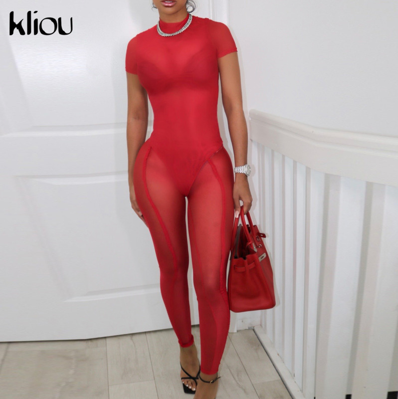 Kliou Charming Mesh Two Piece Set Women Solid See Through Short Sleeve Bodysuit And Sheath Sheer AllMatch Pants Clubwear 220602
