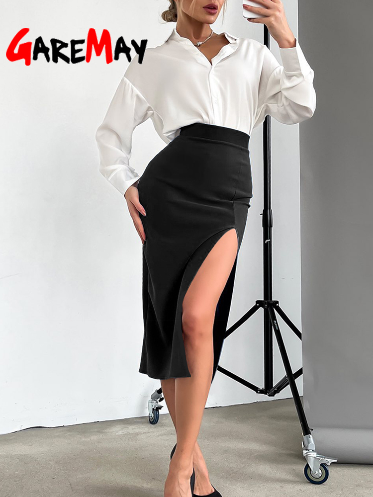 Casual Autumn Midi Skirt with Slit White HighWaist Elegant Womens Pencil Skirt OL Style Straight Bodycon Office Skirt Lady 220701