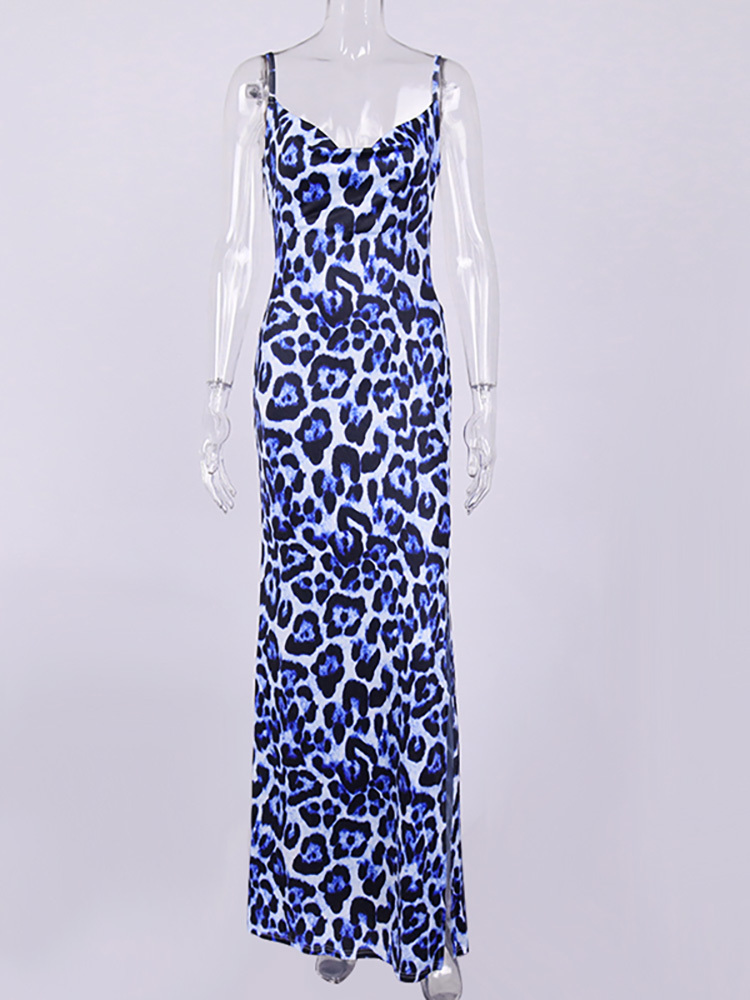 Asia Print Summer Dress Woman Sexy Backless Spaghetti Straps Cowl Neck Split Maxi Dress Fashion Female Robe Casual Streetwear 220511