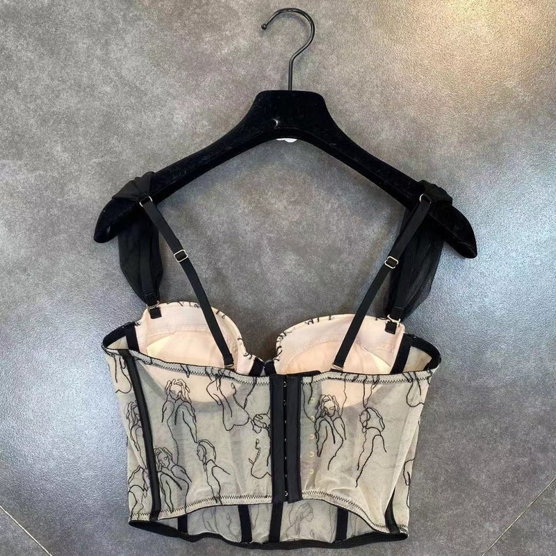 DEAT Summer Arrivals Sleeveless Mesh Strap Embroidery Fashion Temperament Fish Bone Tank Tops Women Camisole ML507 220325