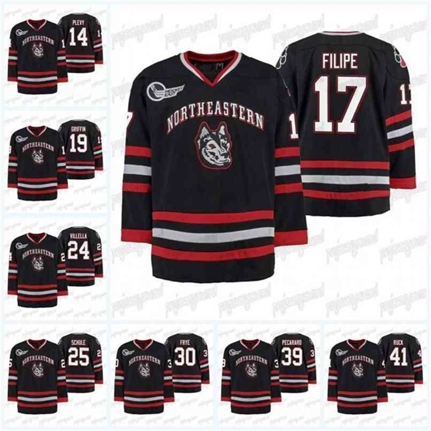 MThr Northeastern Huskies Black Hockey Tournament Replica Away Jersey Filipe Ryan Solomon Cayden Primeau Ryan Shea John Picking Jeremy Davies