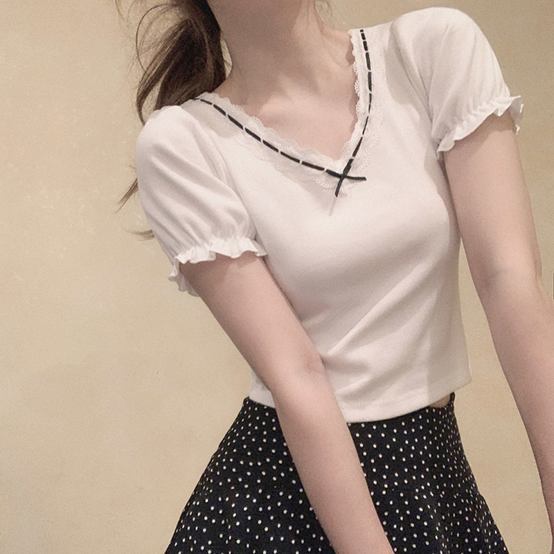 White T-Shirt for Sweet Girl Ribbon Lace Trim V-Neck Bowknot Puff Sleeve Slim Cotton TShirt Kawaii Clothes Summer Tops 220328
