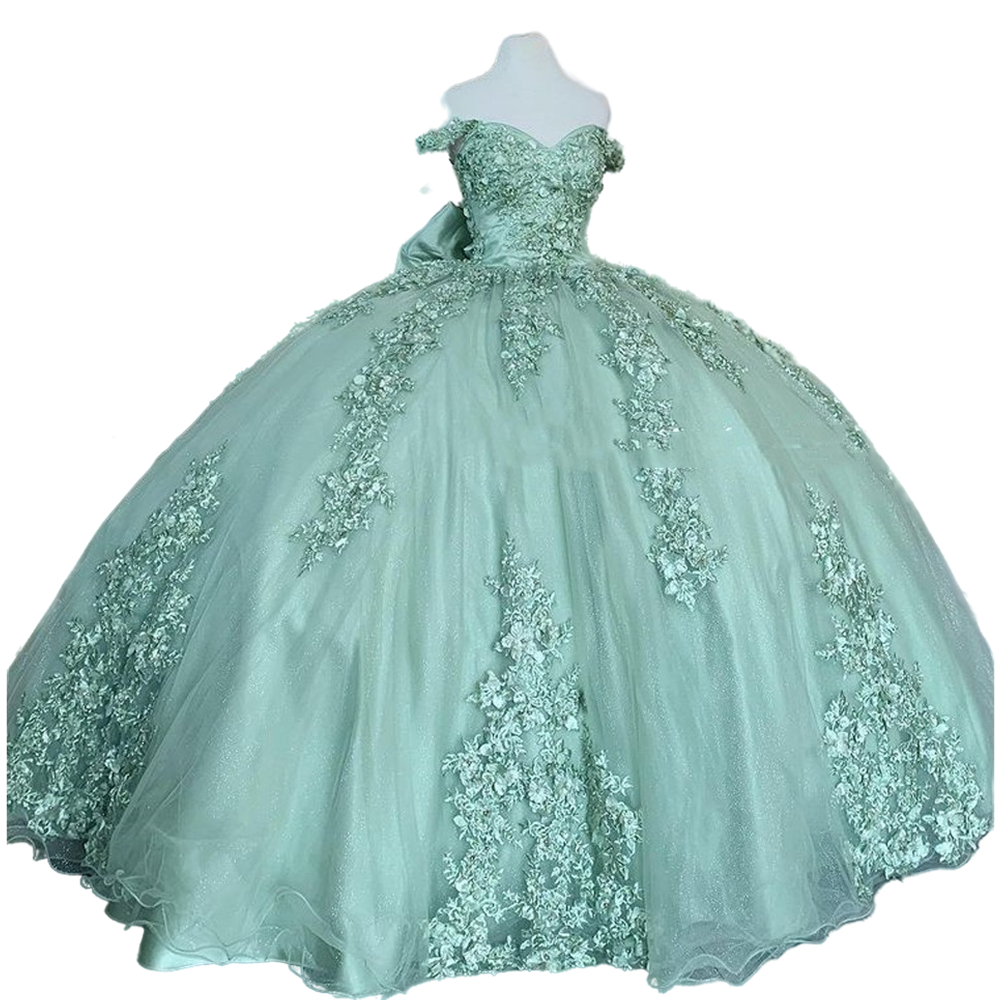 Sage Princess Quinceanera Dresses Bow Back Corset Ball Gown Beaded 3D Flowers Lace Appliques Formal Prom Graduation Gowns Lace-Up Sweet 15 16 Dress 20
