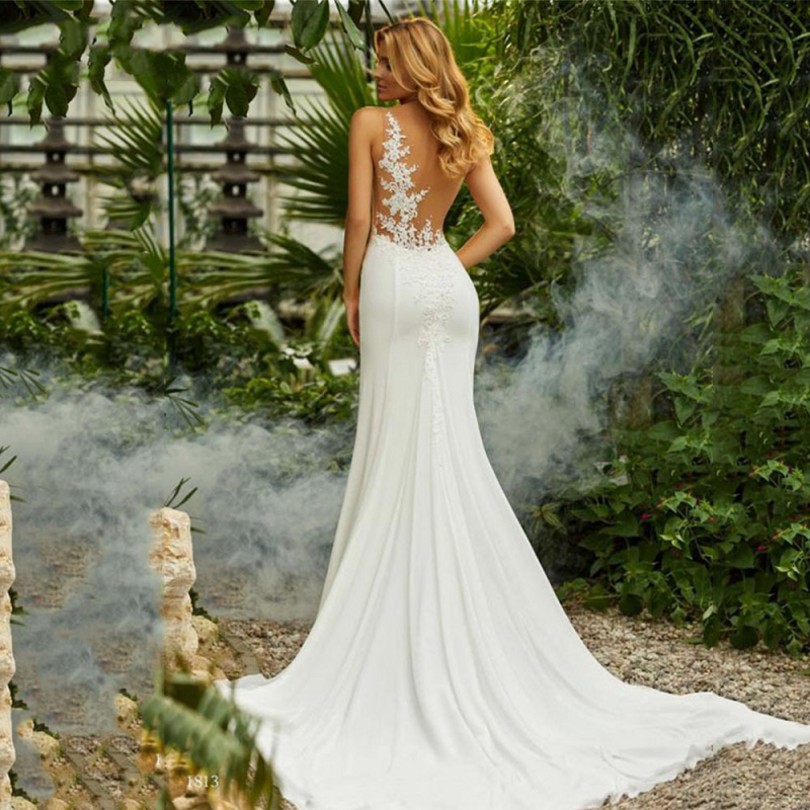 Simple Bride Gowns O-Neck Appliques Beach Wedding Dresses for Women 2022 Mermaid Princess Illusion Back Boho Vestido De Noiva