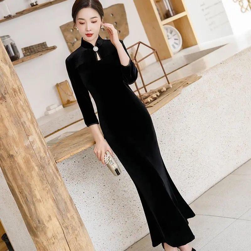 Ethnic Clothing Autumn Black Slim Long Qipao Dress Chinese Style Hanfu Cheongsams Traditional Robe Orientale Retro Harajuku Vestido ChinoEth
Ethnic Clothing Autumn Black Slim Long Qipao Dress Chinese Style Hanfu Cheongsams Traditional Robe Orientale Retro Harajuku Vestido ChinoEth