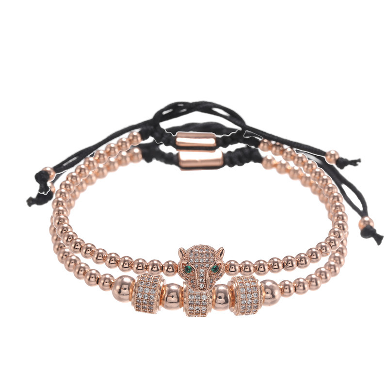 Factory Design CZ Leopard Head Charm Bracelet Colorful 4MM Copper Beads Strands Bracelets 2pcs/set