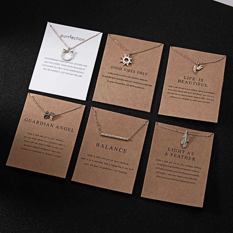 Color Charm Wings Women Gold Necklace Pendant Metal Chain Feather Cat Circle Choker Jewelry Gift Card Women Girls
