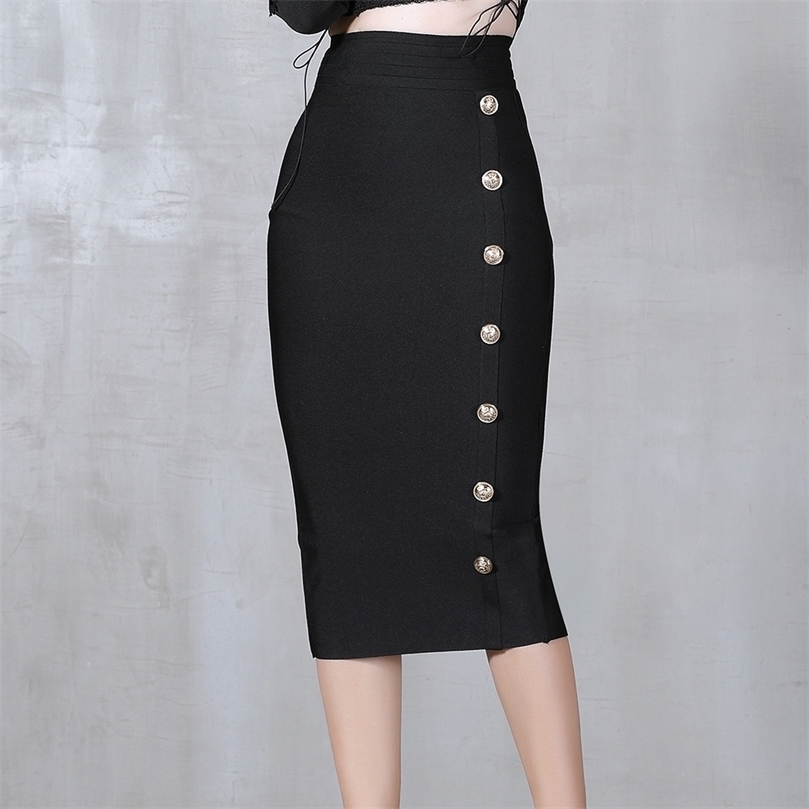 Summer Elegant Midi Pencil Skirt High Waist Bandgae Black Elastic Bandage s Button Women Clothes 220317