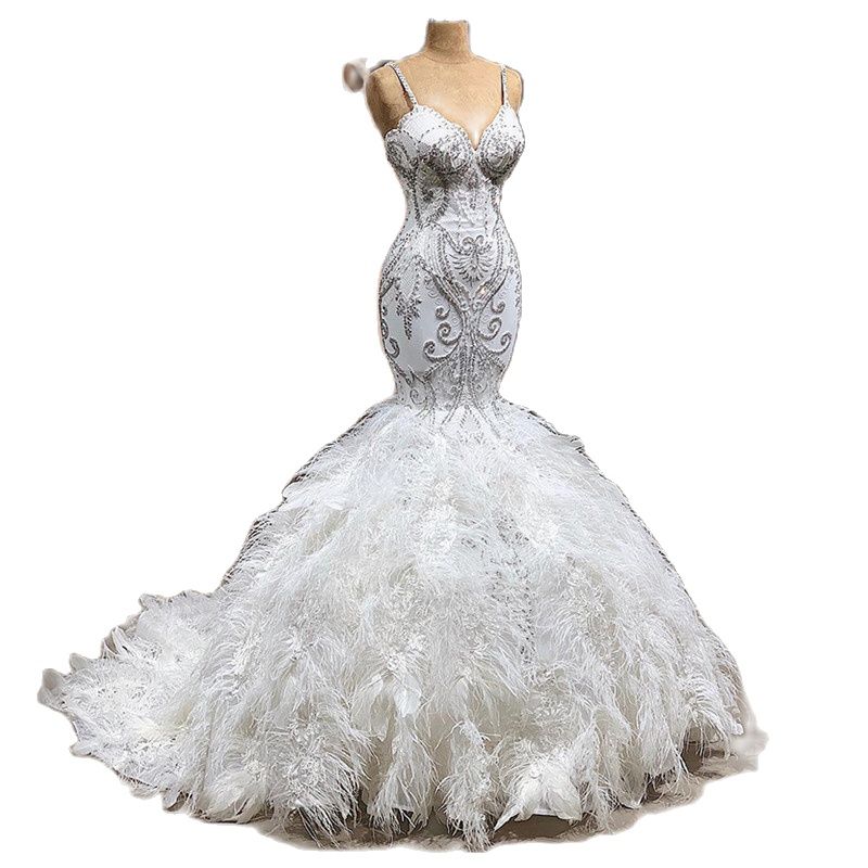 Mermaid Wedding Dress Sleeveless V Neck Spaghetti Straps Appliques Sequins Lace Feather Train Illusion Custom Made Ruffles Bridal or Length