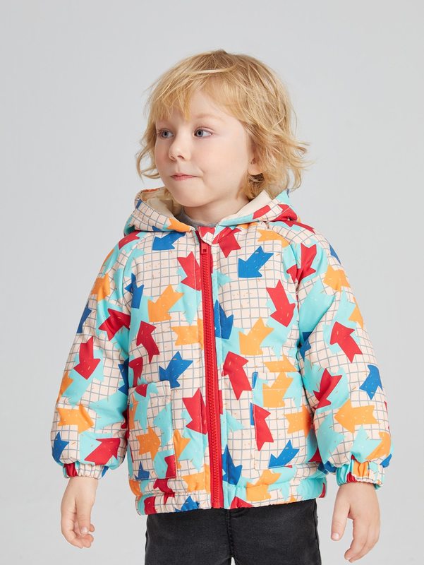 Toddler Boys Geo & Windowpane Print Raglan Sleeve Zipper Hooded Puffer Coat SHE