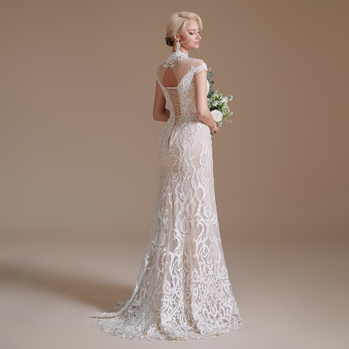 Vintage High Neck Lace Mermaid Wedding Dresses Sheer Cap Sleeves Beaded Illusion Backless Sweep Train Bridal Gowns vestidos de novia Wedding Dress CPS