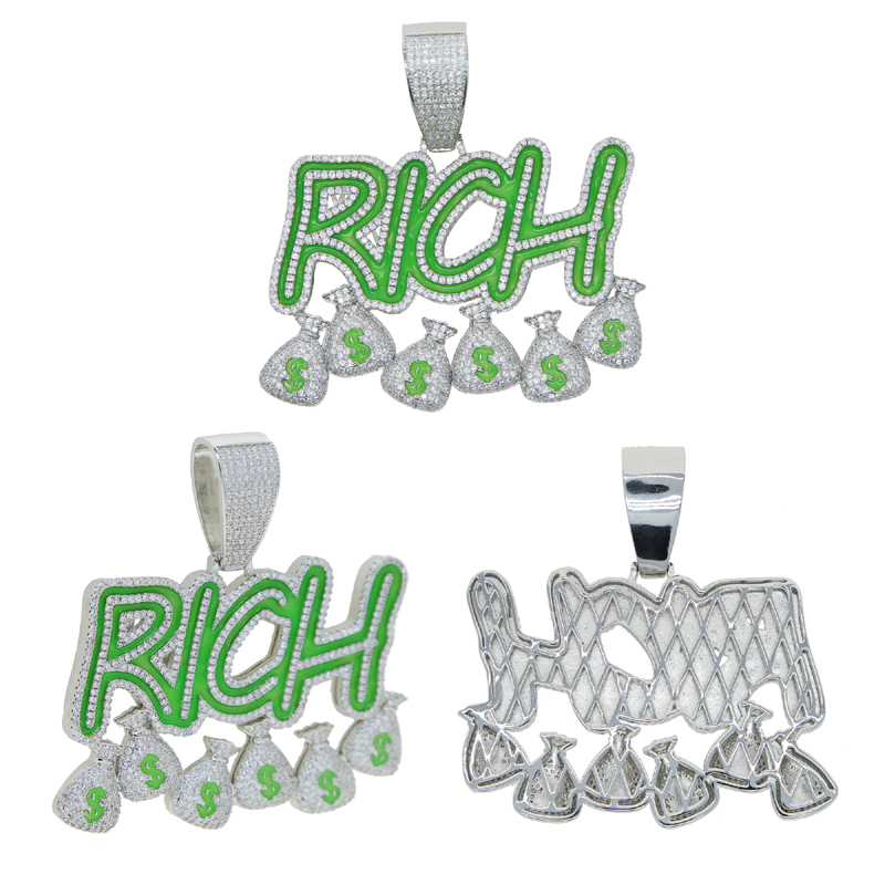 Iced out new style Letter Rich pendant paved full cubic zircon plated gold silver enamel green Glowing hip hop necklace for men boy us $ dollar shape 