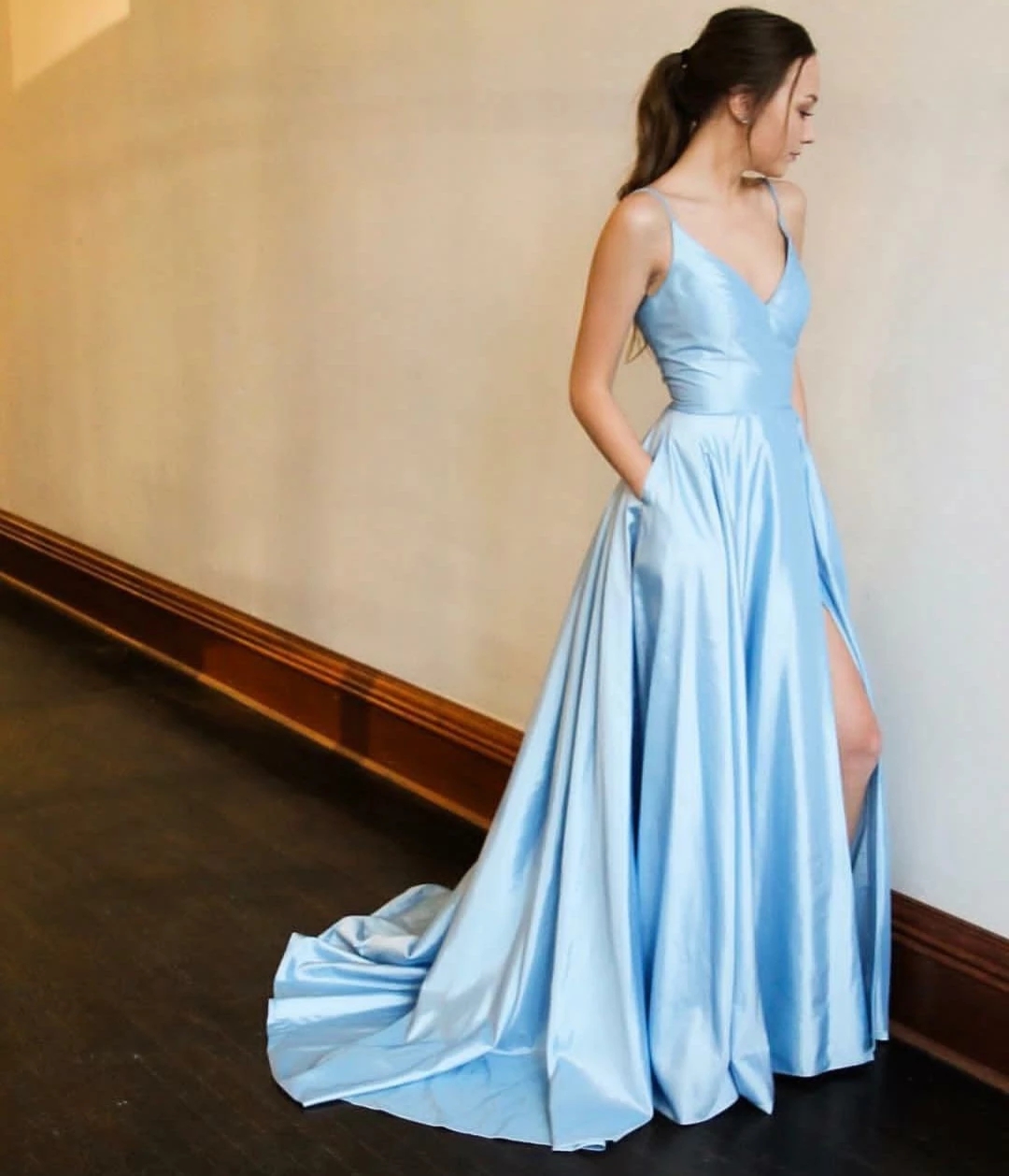 Long Light Blue Satin V-Neck Prom Dresses with Pockets Mermaid Spaghetti Straps Evening Gowns Abendkleider Robes de Soiree, Orange
Long Light Blue Satin V-Neck Prom Dresses with Pockets Mermaid Spaghetti Straps Evening Gowns Abendkleider Robes de Soiree, Orange