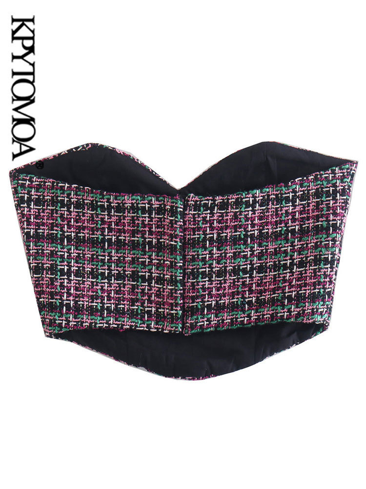 KPYTOMOA Women Fashion With Sweetheart Neck Tweed Tank Tops Vintage Backless Zipper Female Camis Mujer 220325