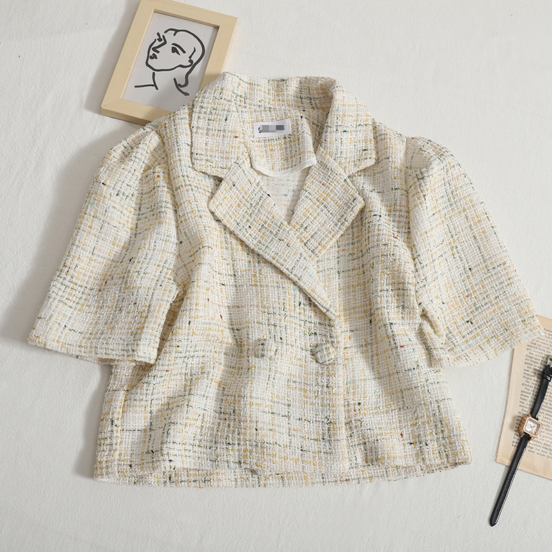 Temperament Allmatch Small Fragrant T Short Coat Jacket Women Lapel Doublebreasted Shortsleeved Crop Top Summer 220611