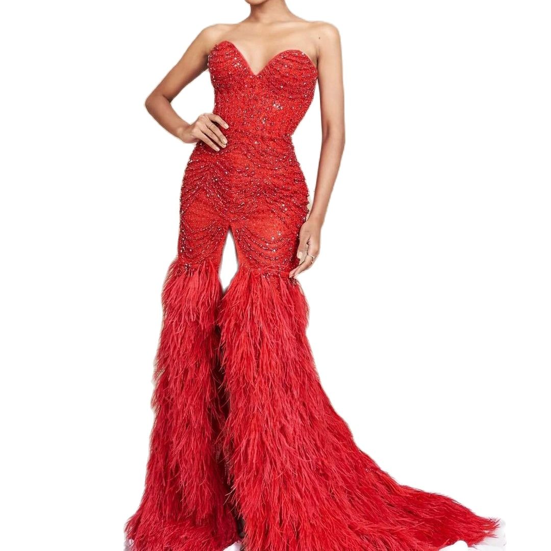 Luxury Feathers Red Prom Dresses Sweetheart Strapless High Split Crystals Beaded Mermaid Women Evening Gown