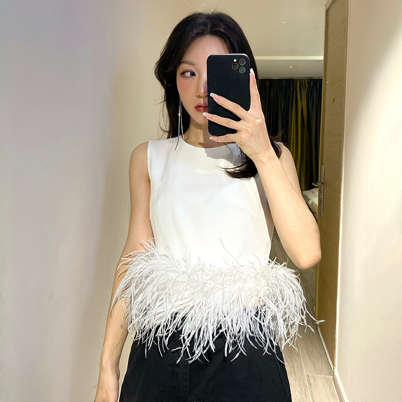 Korean Style Feather Patchwork Tank - Black Sleeveless Round Neck Slim Fit Summer Top For Women