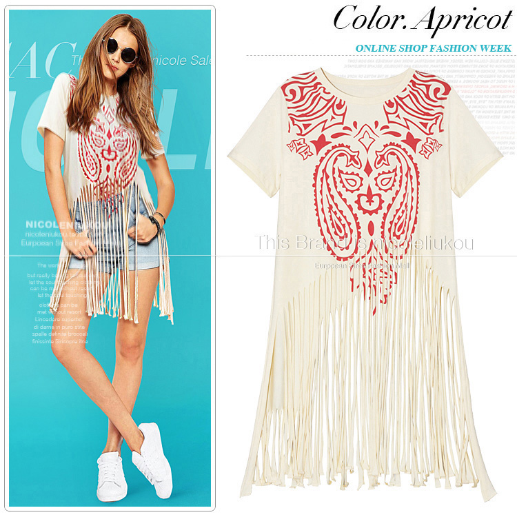 New fashion womens o-neck short sleeve geometric print medium long tassel fringe t-shirts plus size tees SML
