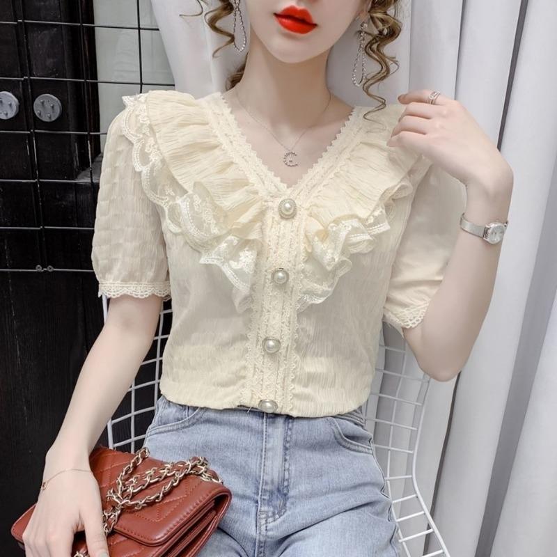 Women' Blouses & Shirts Spring And Summer Short-sleeved T-shirt Blouse Fashion Lace Ruffled V-neck Temperament Chiffon Shirt CasualWomen, Beige
Women' Blouses & Shirts Spring And Summer Short-sleeved T-shirt Blouse Fashion Lace Ruffled V-neck Temperament Chiffon Shirt CasualWomen, Beige