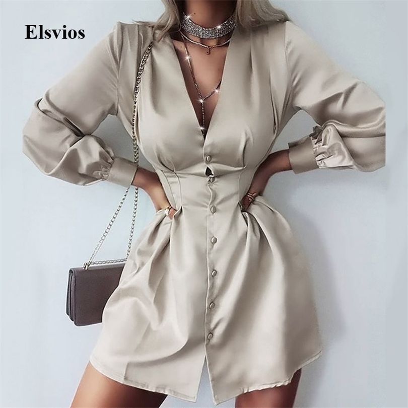 Sexy Deep V Neck Women Shirt Dress Elegant Solid Office Lady Buttons Mini Dress Spring Autumn Long Sleeve Party Dress Vestido XL T200416
