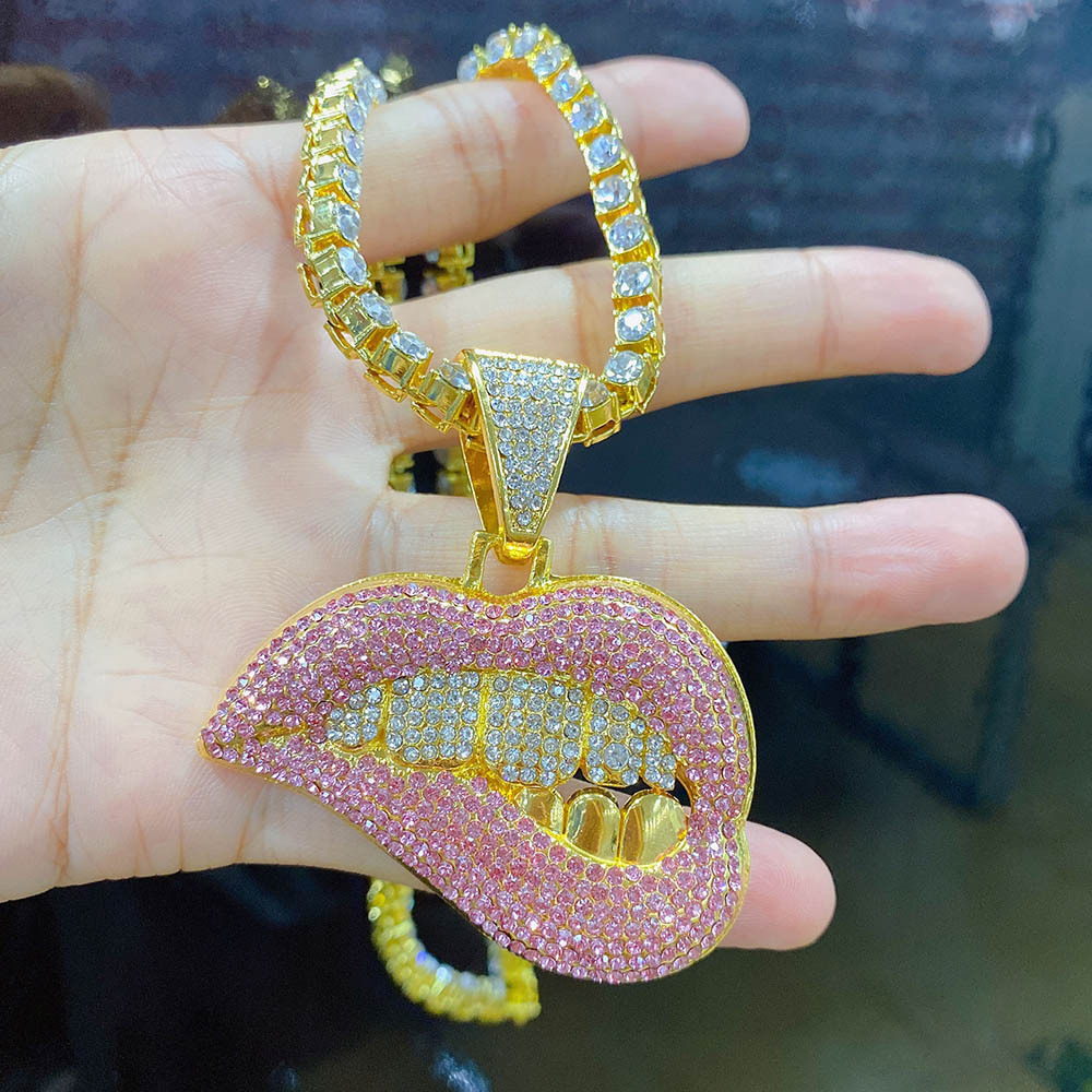 Lips Cubic Zirconia Pendant Necklaces Iced Out Tennis Cuban Chain Rapper Mens Hip Hop Jewelry Necklace Bracelets Gold Silver Miami Hiphop ALIN0007