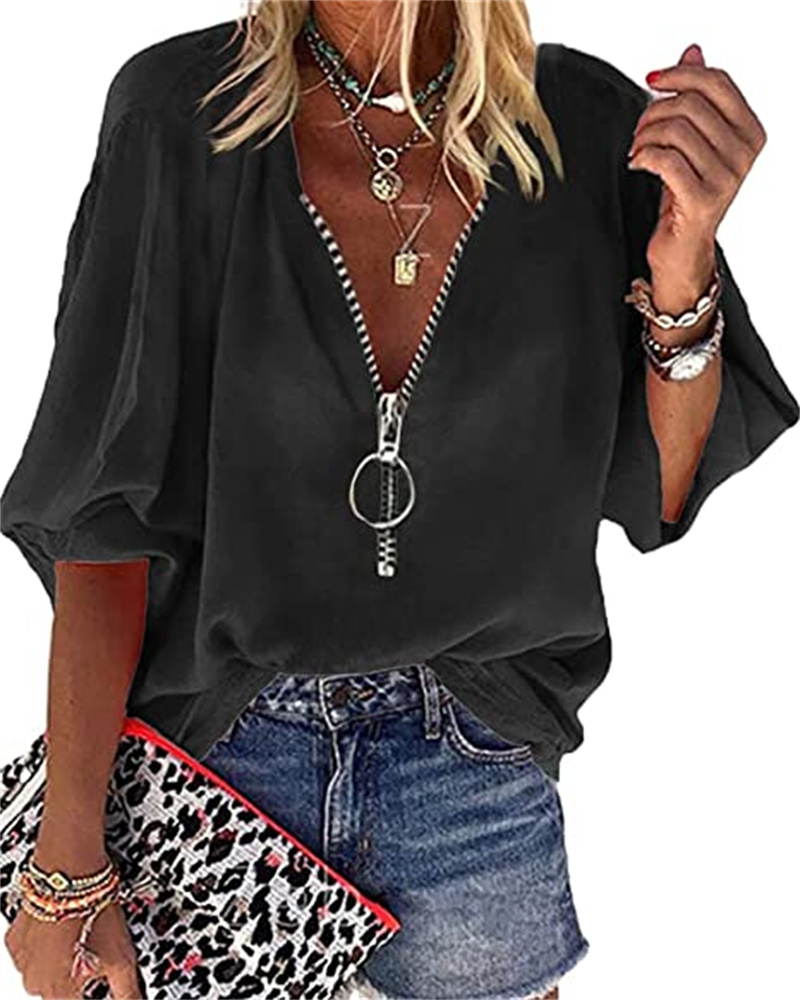 Women' Tops & Tees V-neck lantern sleeve shirt with zipper design loose casual top, Photo show
Women' Tops & Tees V-neck lantern sleeve shirt with zipper design loose casual top, Photo show