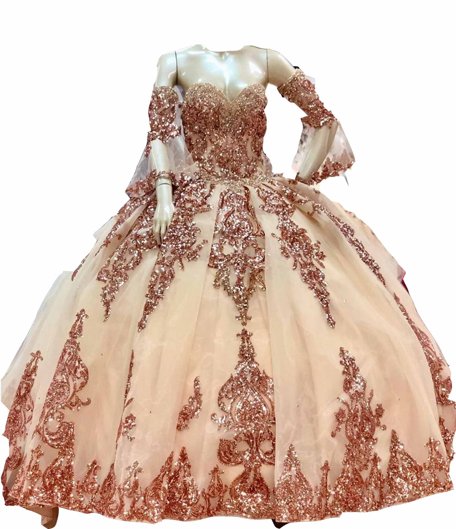 2022 Sexy Rose Gold Sequined Lace Quinceanera Dresses Ball Gown Off Shoulder Crystal Beads Long Sleeves Sequins Puffy Party Dress Champagne Prom Eveni