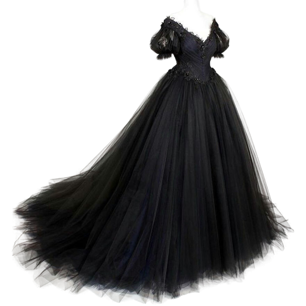 2022 Vintage Black Ball Gown Wedding Dresses Short Sleeve V-Neck Gothic Bridal Gowns Floral Applique Long Tulle Bride Formal Wear Back Lace-up Princes