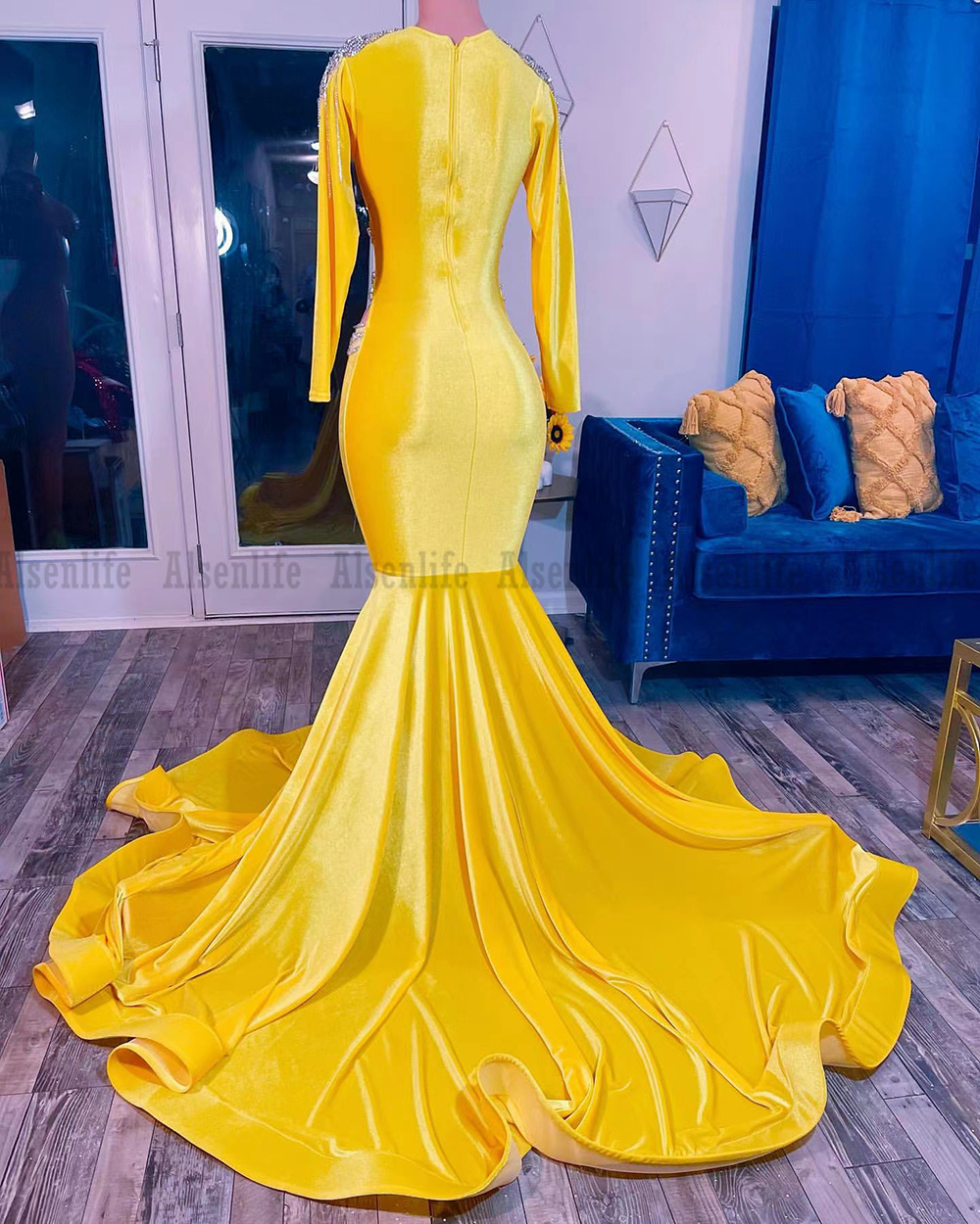 Yellow Velvet Beaded Mermaid Prom Dresses Sexy Backless African Black Girls Evening Gowns Robes De Soiree