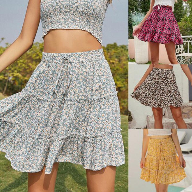 Summer Mini Skirt Floral Print Sexy Boho Short Skirt For Women Fashion Ladies High Waist Frills Beach Pleated Skirts 220611