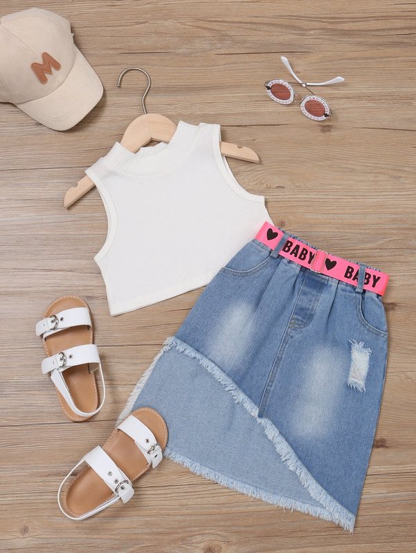 Toddler Girls Solid Tank Top & Ripped Asymmetrical Hem Belted Denim Skirt SHE