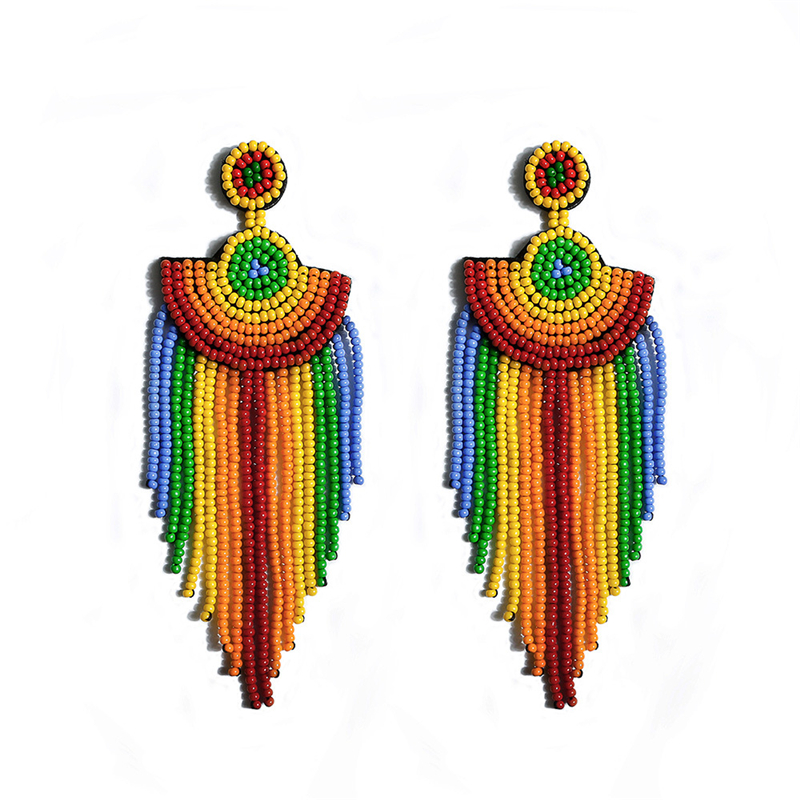 Hypoallergenic Studs Dangles Earrings for Women Handmade Vintage Long Tassel Rice Bead Earring Accessories Party Birthday Gifts Fashion Rainbow Bohemi