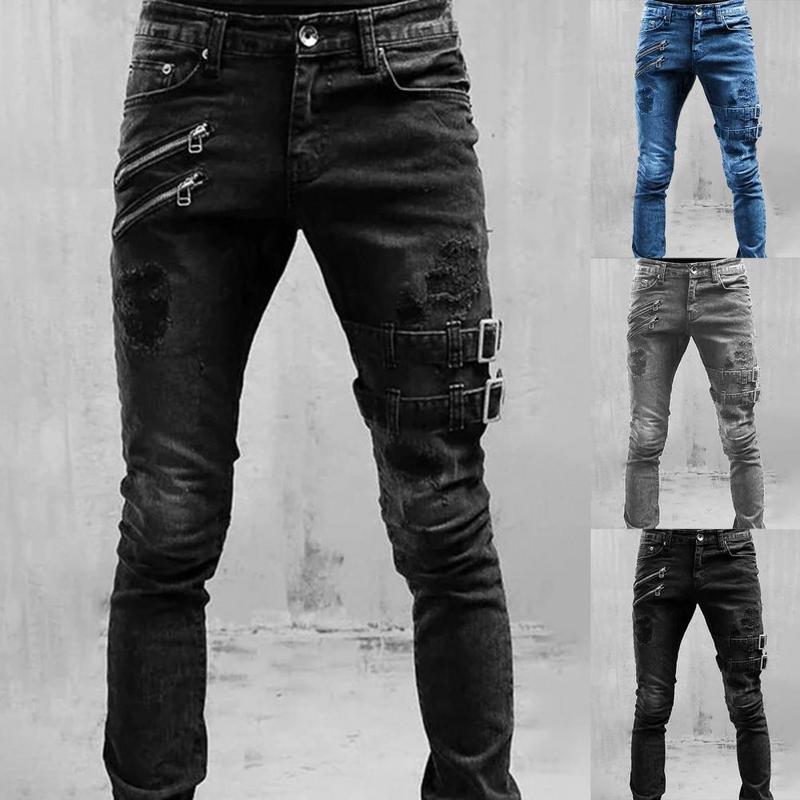 Plus Size Men Jeans Skinny Side Straps and Zips 3 Colors Trousers Excellent Stretch Men Jeans Trousers 220712