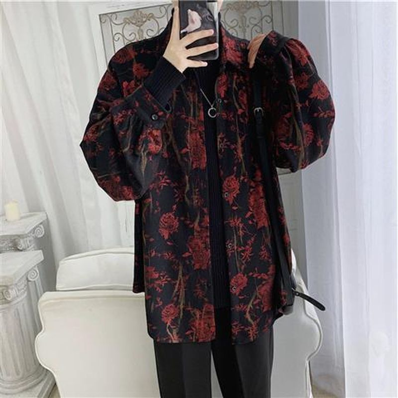 shirt men spring autumn retro Retro temperament rose printed long-sleeve shirts Korean fashion loose male casual oversized coat 220322