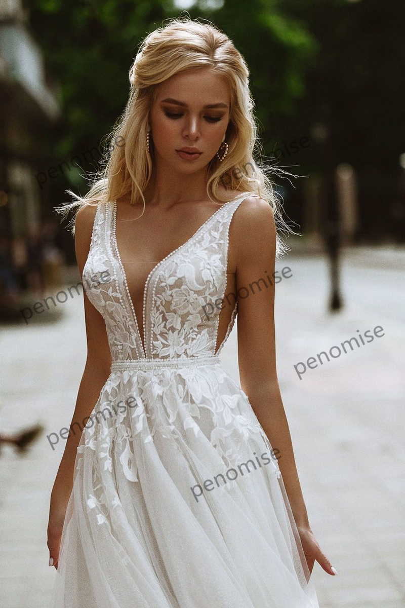 Elegant Boho Wedding Dresses V Neck Lace Beach Bridal Gowns Floor Length Open Back vestido de novia