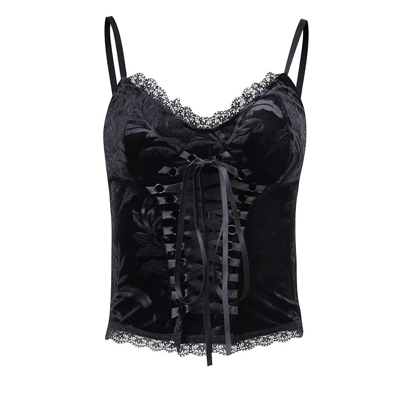InsDoit Y2K Mall Gothic Sexy Summer Crop Tops Women Velvet Lace Streetwear Sleeveless Corset Bandage Camis Punk Grunge Basic Top 220316