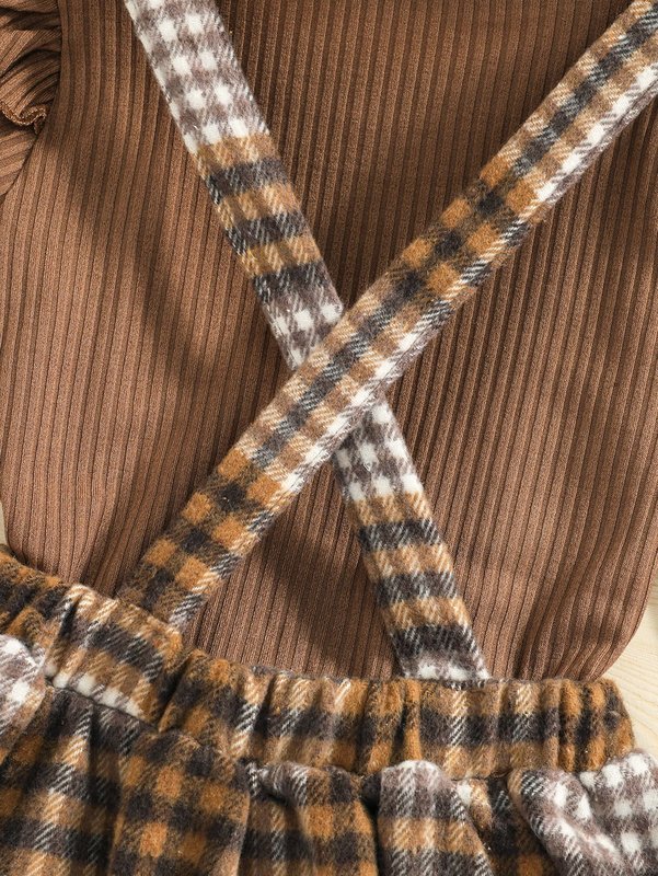 Toddler Girls Ruffle Trim Tee With Plaid Bow Front Pinafore Skirt SHE