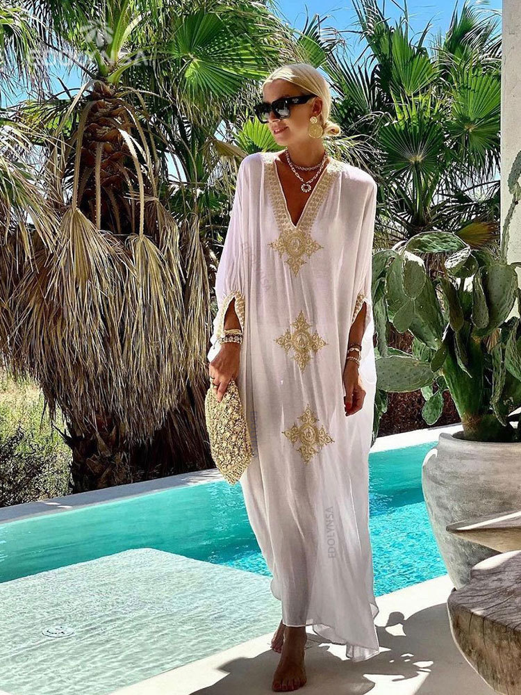 Elegant Gold Embroidered Kaftan Retro V-neck White Dress Plus Size Women Clothes Summer Beach Wear Swim Maxi Dresses N1373 220414