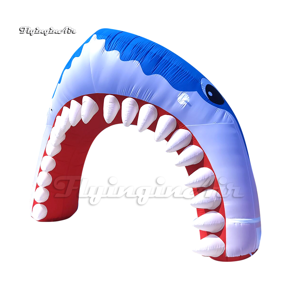 Cute Inflatable Shark Arched Door Cartoon Animal Mascot Arch Blue Blow Up Shark Mouth Tunnel With Fangs For Entrance Decoration